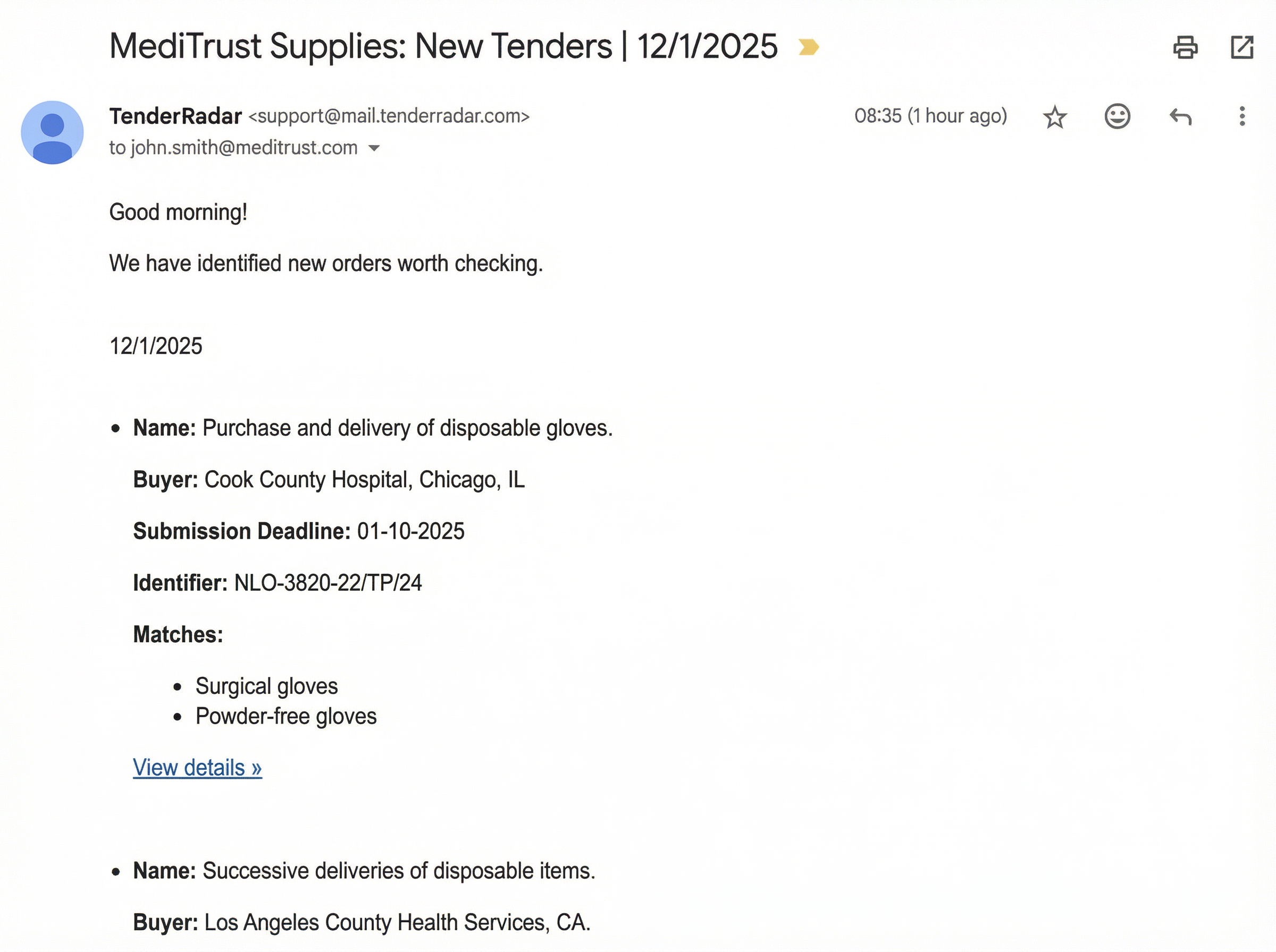 Screenshot of an email from TenderRadar with a daily summary of new tenders tailored to the preferences of a healthcare company