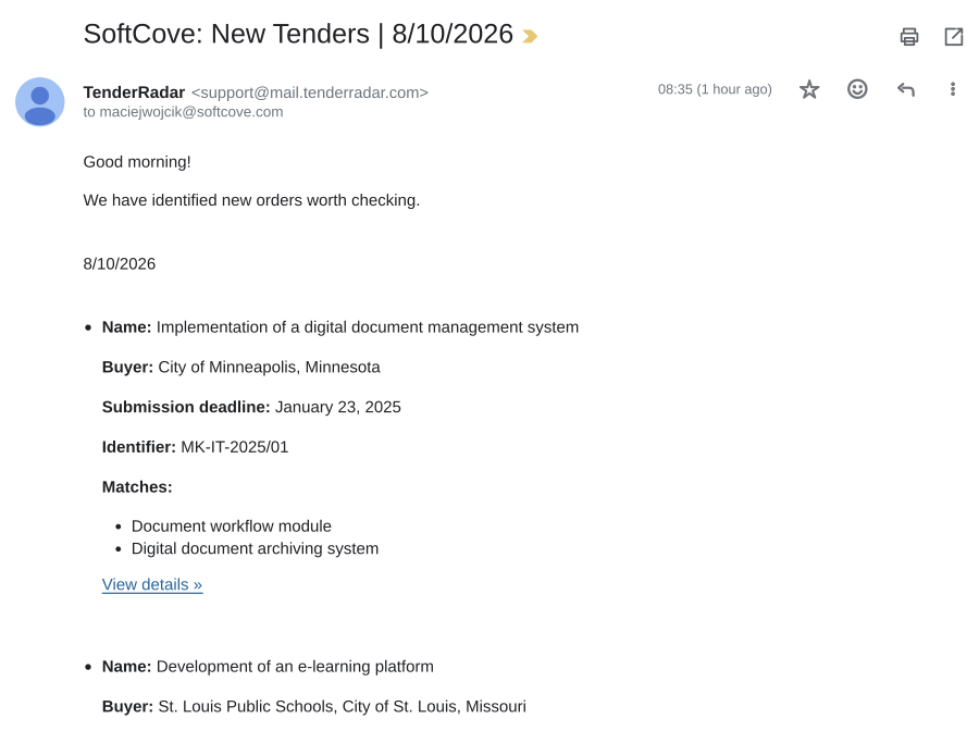 Screenshot of an email from TenderRadar with a daily summary of new tenders tailored to the tech company's preferences