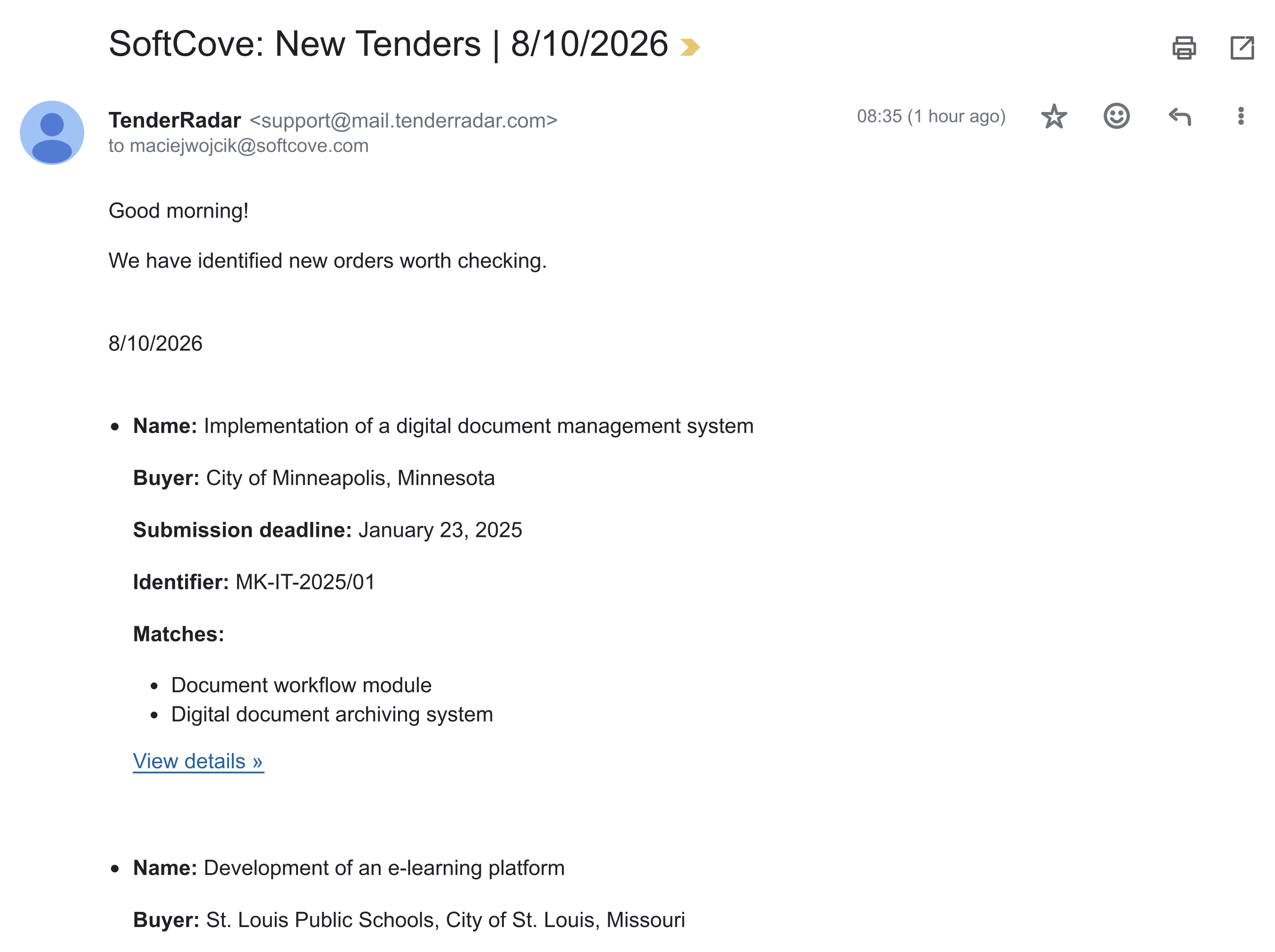 Screenshot of an email from TenderRadar with a daily summary of new tenders tailored to the tech company's preferences