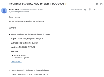 Screenshot of an email from TenderRadar with a daily summary of new tenders tailored to the preferences of a healthcare company
