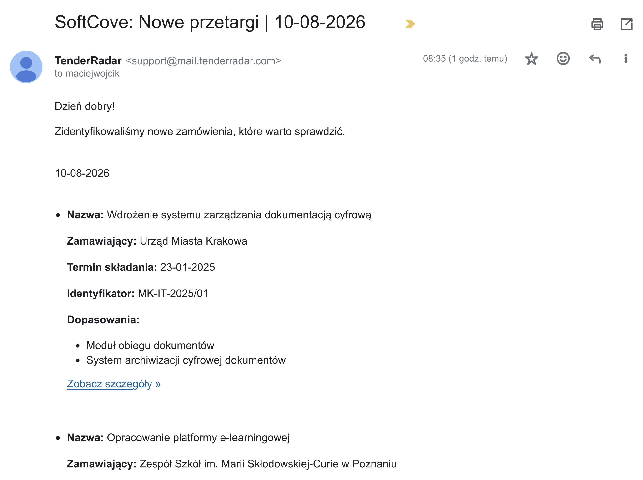 Zrzut ekranu wiadomości e-mail od TenderRadar z codziennym podsumowaniem nowych przetargów dopasowanych do preferencji firmy z branży IT