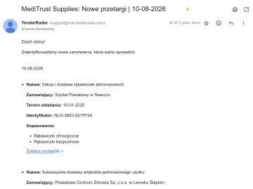 Zrzut ekranu wiadomości e-mail od TenderRadar z codziennym podsumowaniem nowych przetargów dopasowanych do preferencji firmy z branży medycznej
