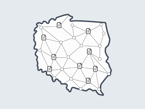 Ilustracja mapy Polski z siecią linii i punktami, symbolizującymi analizę przetargów i monitorowanie portali w całym kraju