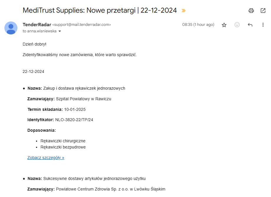 Zrzut ekranu wiadomości e-mail od TenderRadar z codziennym podsumowaniem nowych przetargów dopasowanych do preferencji firmy z branży medycznej