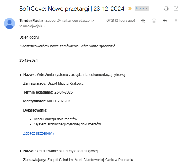 Zrzut ekranu wiadomości e-mail od TenderRadar z codziennym podsumowaniem nowych przetargów dopasowanych do preferencji firmy z branży IT