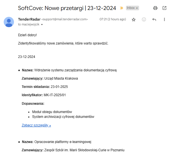 Zrzut ekranu wiadomości e-mail od TenderRadar z codziennym podsumowaniem nowych przetargów dopasowanych do preferencji użytkownika